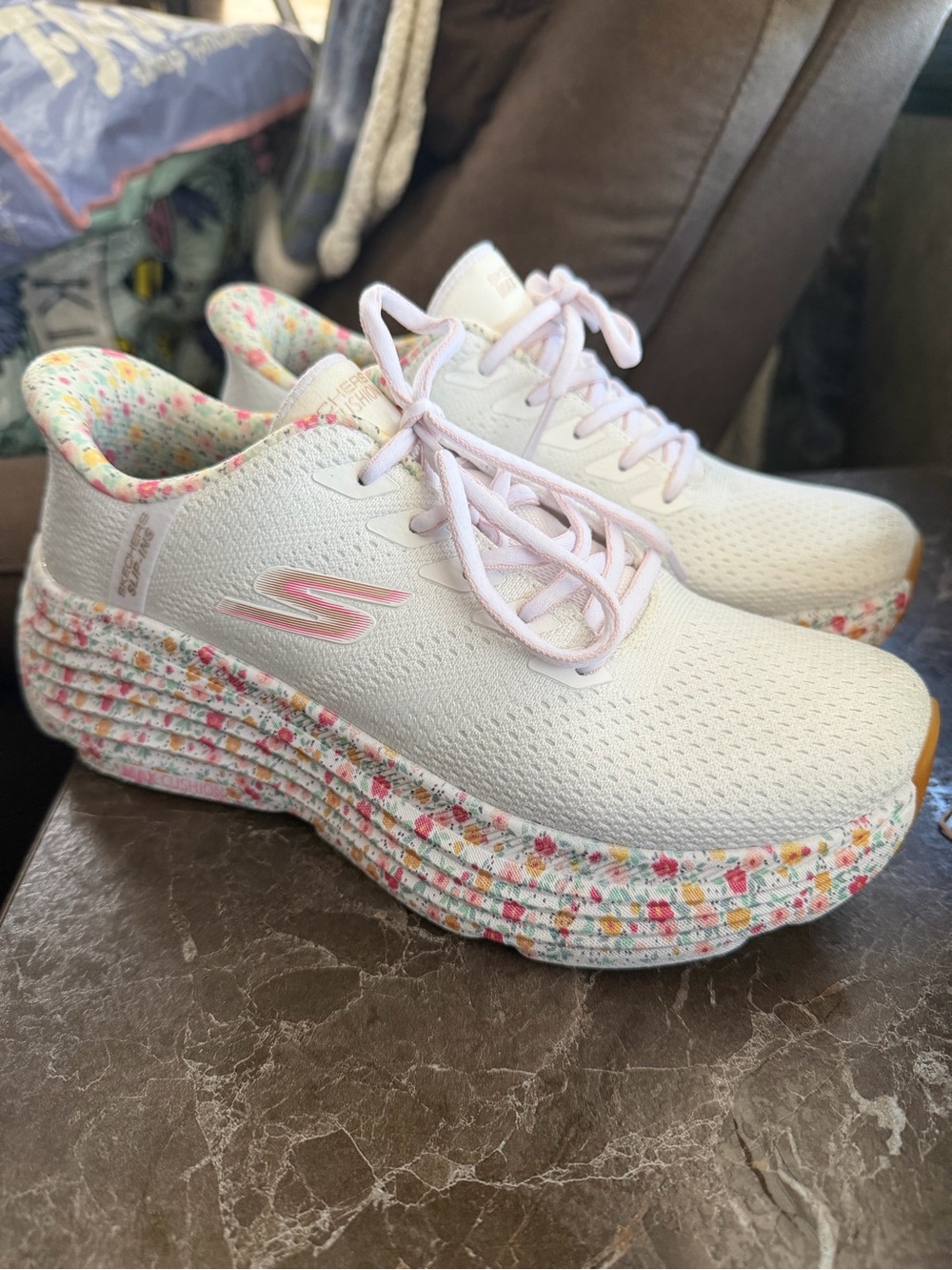 Skechers White Slip-On Sneakers with Pink Floral Accents